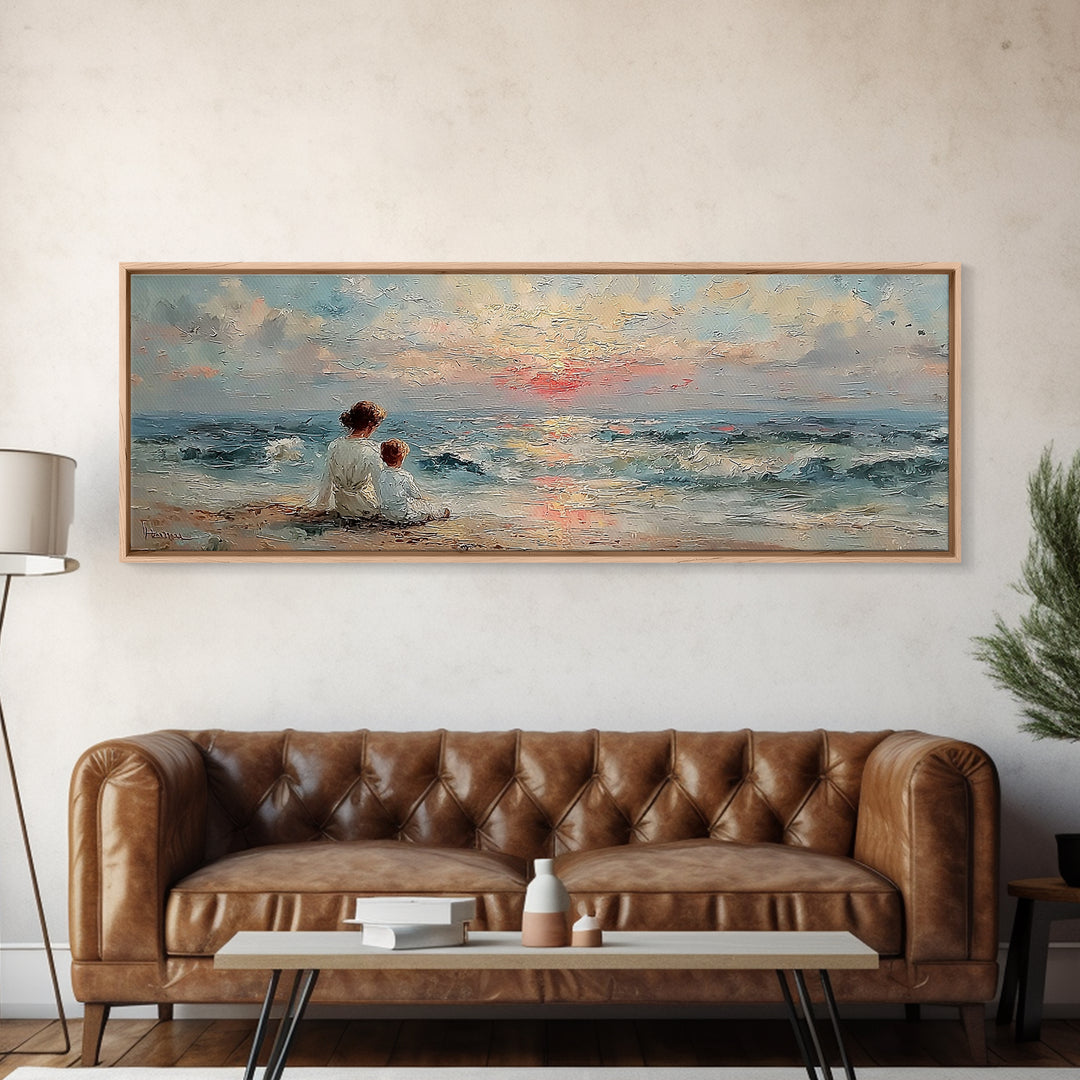 Mother And Child Watching Ocean Sunset Wall Art, Coastal Nursery Decor, Beach House Art, Seascape Painting, Gift For Mom