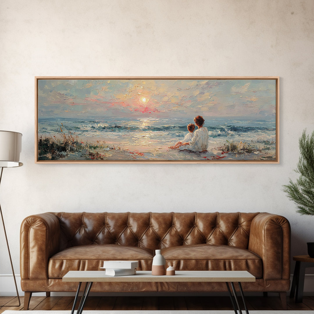 Mother And Child Sitting By Seaside Sunset Canvas Print, Coastal Wall Art, Beach House Decor, Ocean Painting, Gift For Mom