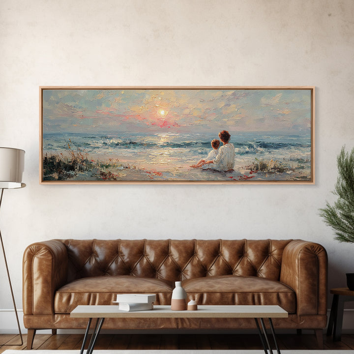 Mother And Child Sitting By Seaside Sunset Canvas Print, Coastal Wall Art, Beach House Decor, Ocean Painting, Gift For Mom