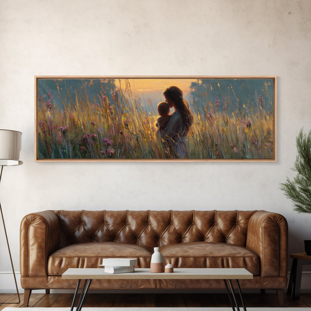 Golden Meadow Mother And Baby Wall Art, Impressionist Wildflower Nursery Decor, Feminine Landscape Canvas Gift For New Mom