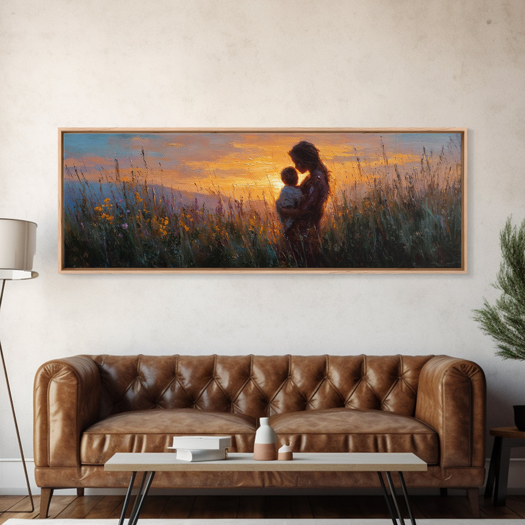 Sunset Meadow Mother And Baby Framed Canvas Print, Impressionist Wildflower Wall Decor, Motherhood Gift For Her, Living Room Art