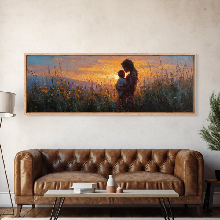 Sunset Meadow Mother And Baby Framed Canvas Print, Impressionist Wildflower Wall Decor, Motherhood Gift For Her, Living Room Art
