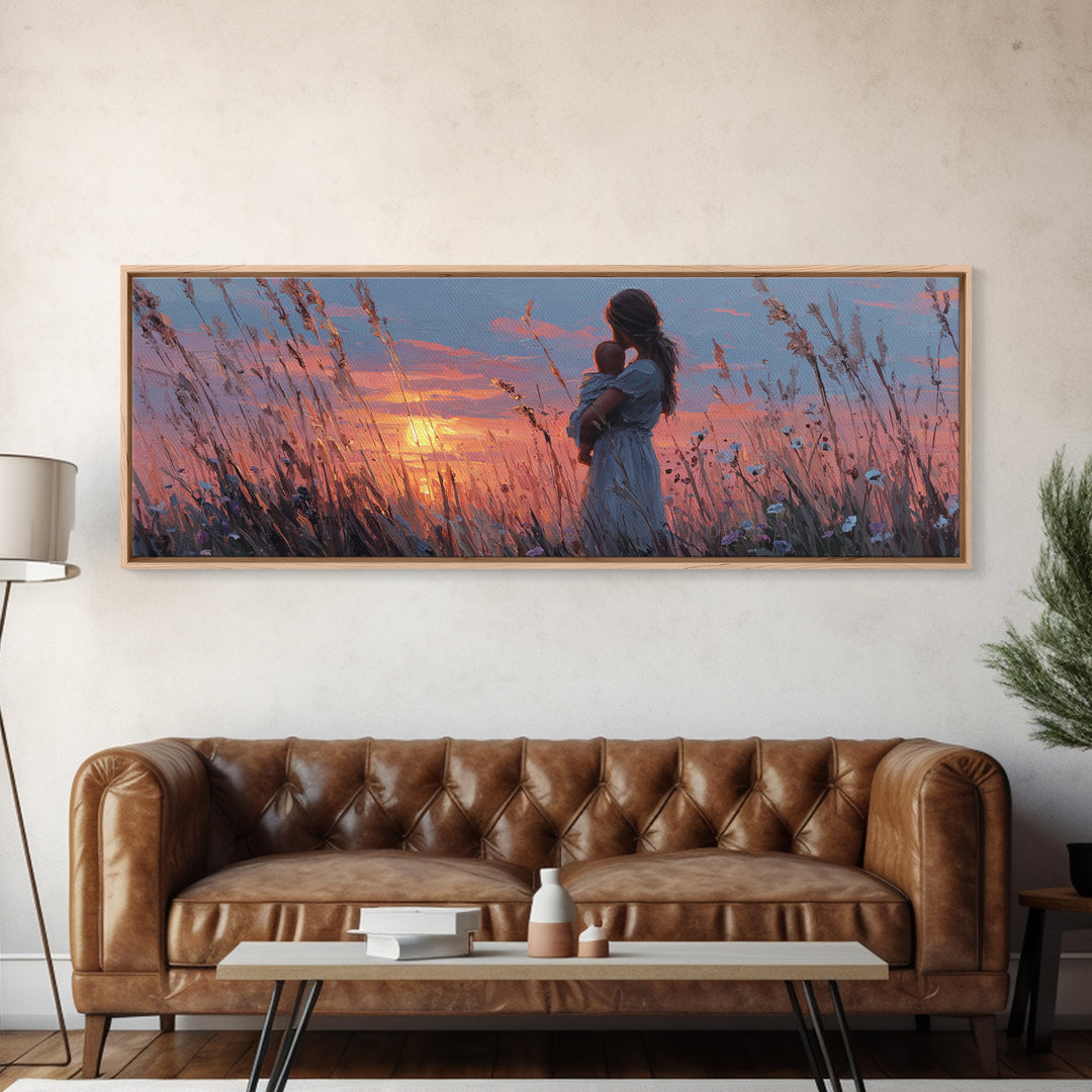 Pink Sunset Mother And Baby Canvas Print, Romantic Wildflower Field Wall Art, Feminine Nursery Decor And Bedroom Gift For Mom