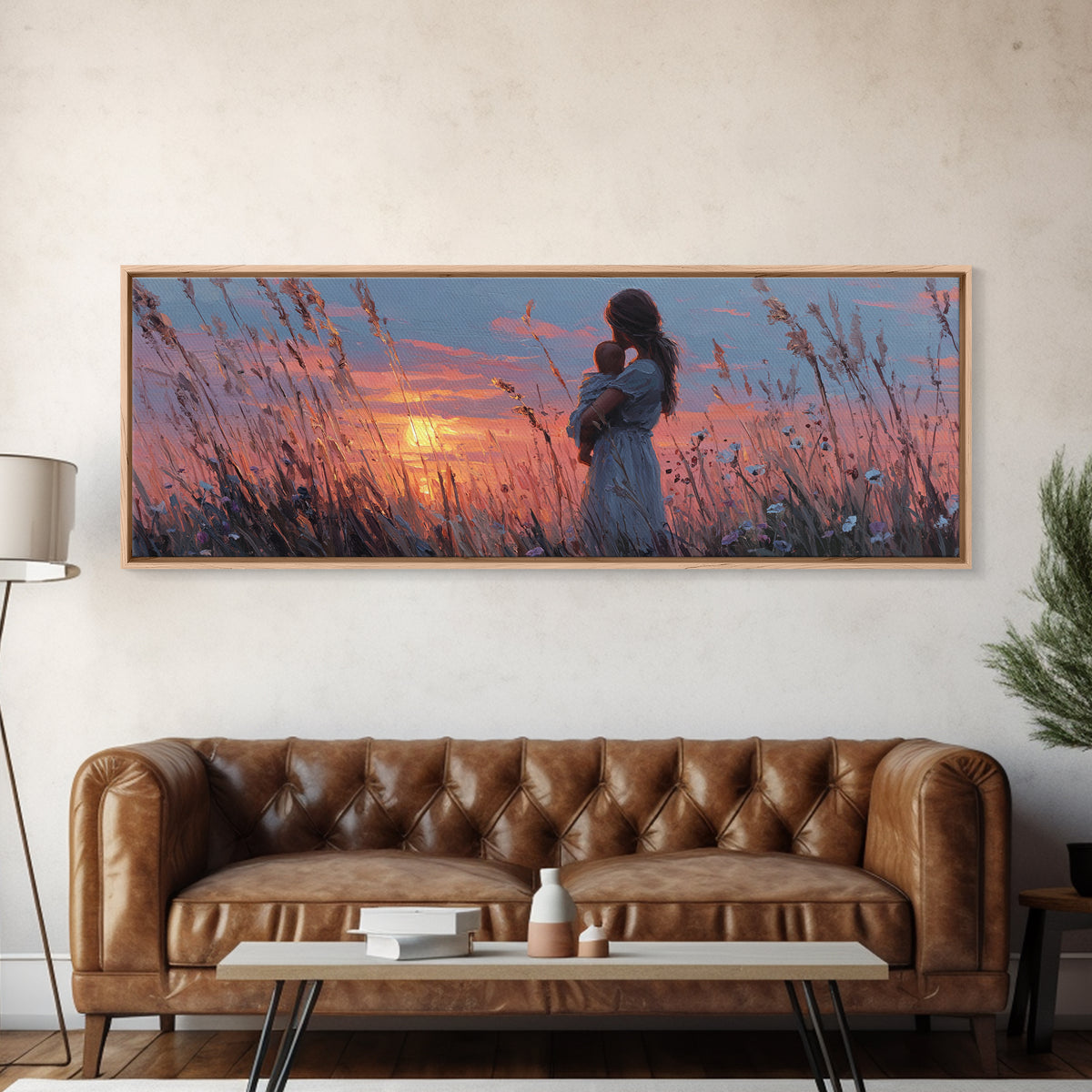 Pink Sunset Mother And Baby Canvas Print, Romantic Wildflower Field Wall Art, Feminine Nursery Decor And Bedroom Gift For Mom