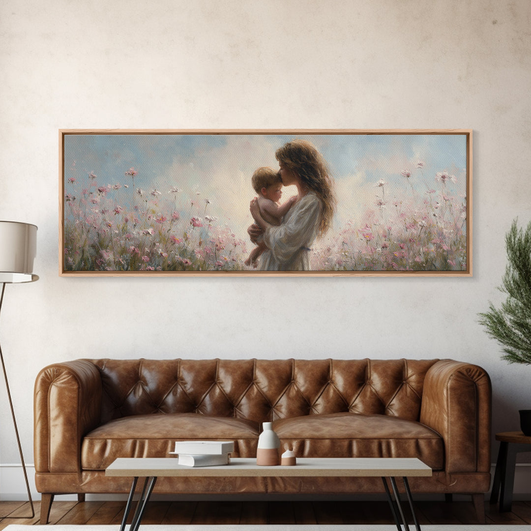 Soft Floral Mother And Baby Wall Art, Dreamy Impressionist Wildflower Meadow, Feminine Nursery Decor Gift For Mom Bedroom Decor