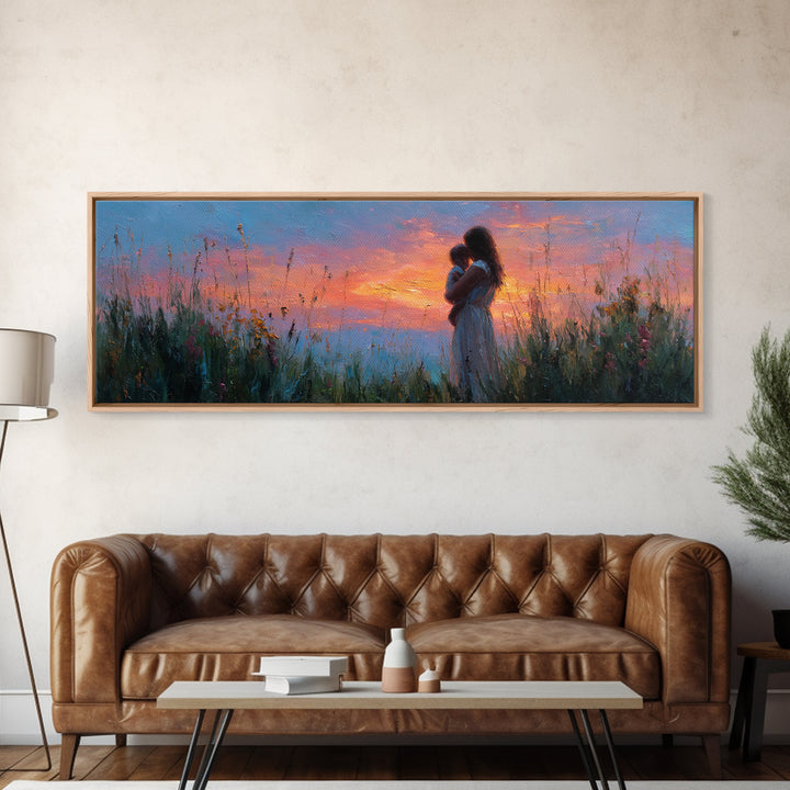 Twilight Meadow Mother And Baby Wall Art, Pink Sunset Wildflower Landscape, Romantic Motherhood Canvas Print For Bedroom
