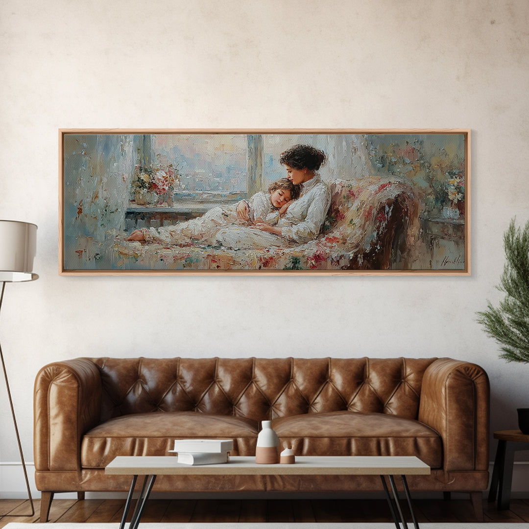 Sleeping Mother And Child On Floral Sofa Wall Art, Cozy Bedroom Decor, Impressionist Motherhood Canvas Print Gift For Mom