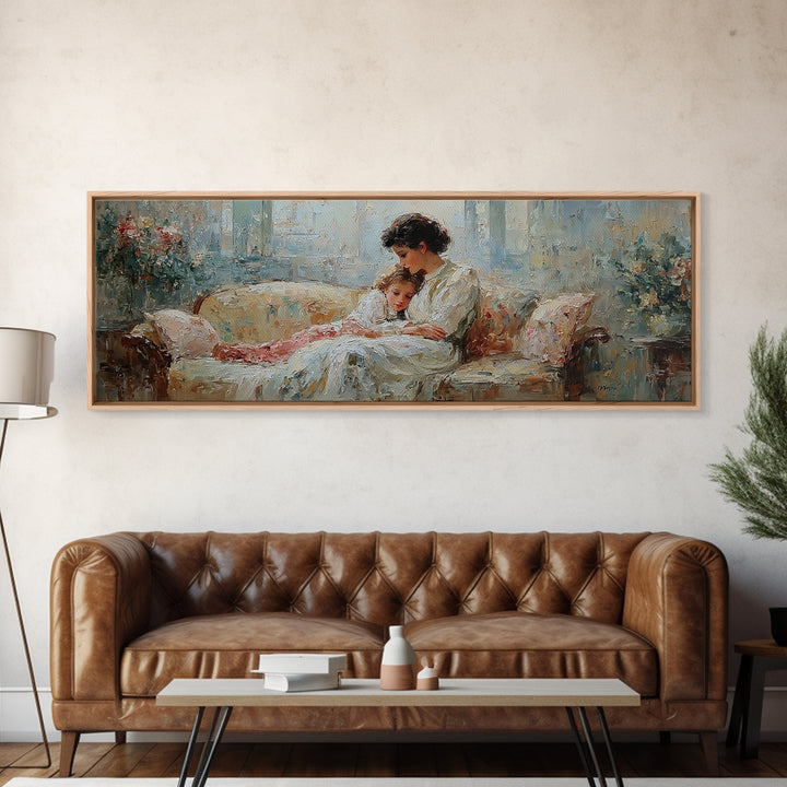 Mother And Child Reading On Floral Sofa Framed Canvas Print, Cozy Home Decor, Feminine Bedroom Wall Art Gift For Her Nursery Decor