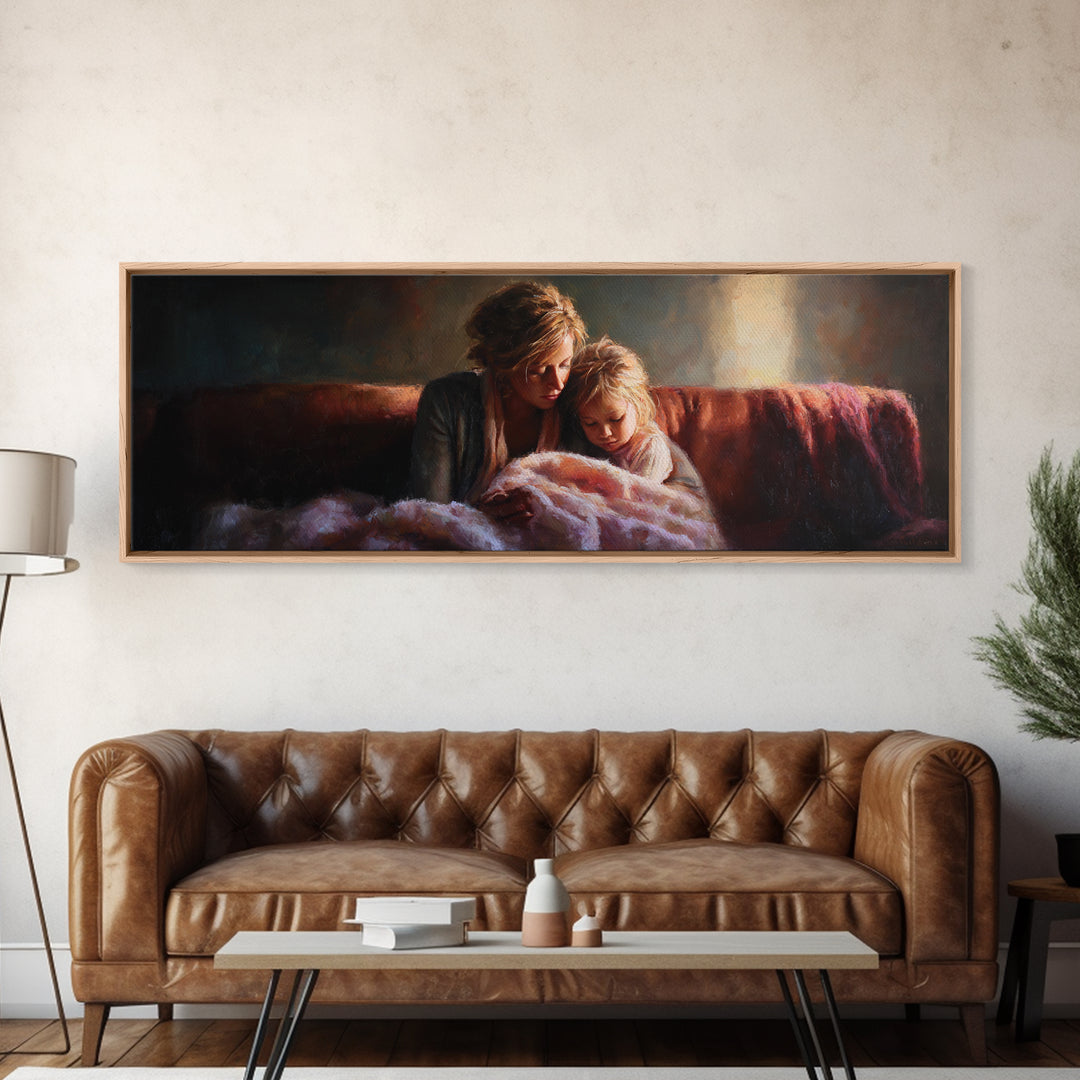 Moody Mother And Daughter Reading Wall Art, Warm Lamplight Sofa Scene, Cozy Bedroom Canvas Print Gift For Mom Living Room Decor