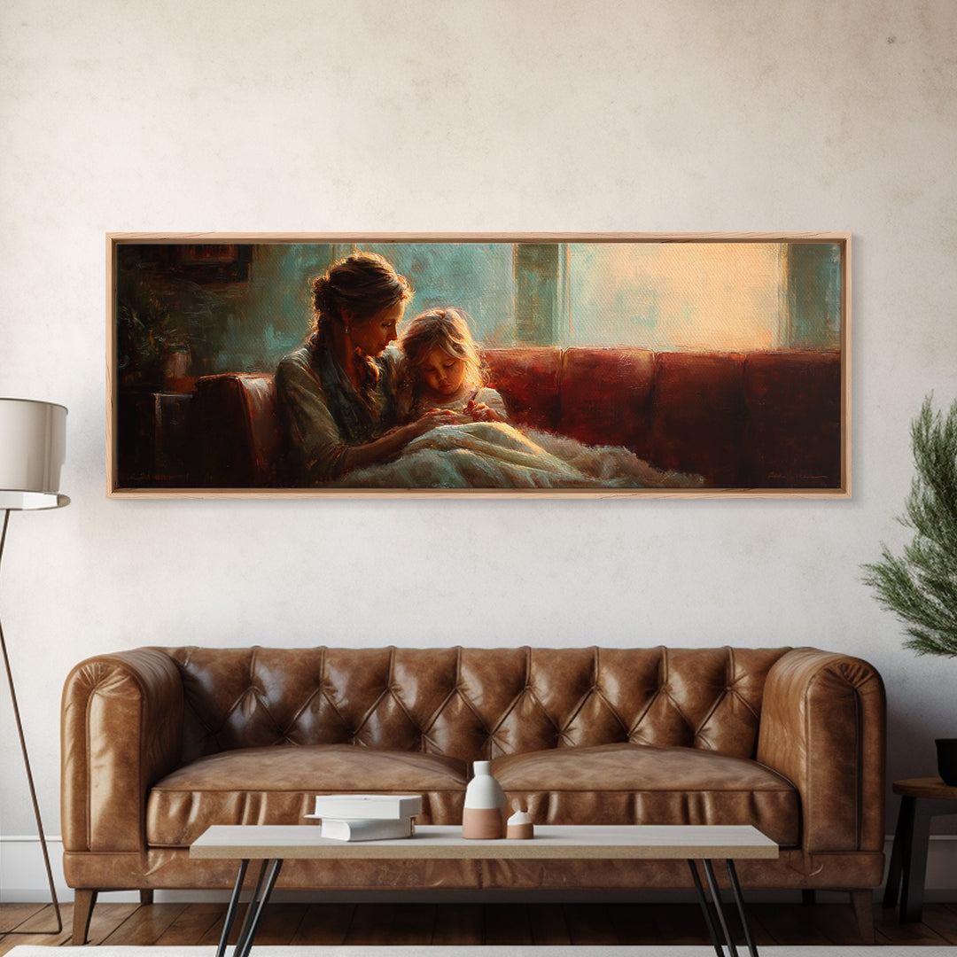 Warm Mother And Child Bedtime Story Canvas Print, Cozy Lamplight Sofa Wall Art, Family Living Room Decor Gift For Her Bedroom Decor