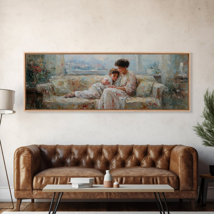 Mother And Child On Floral Sofa Framed Canvas Print, Impressionist Nursery Decor, Feminine Bedroom Wall Art, Gift For Her
