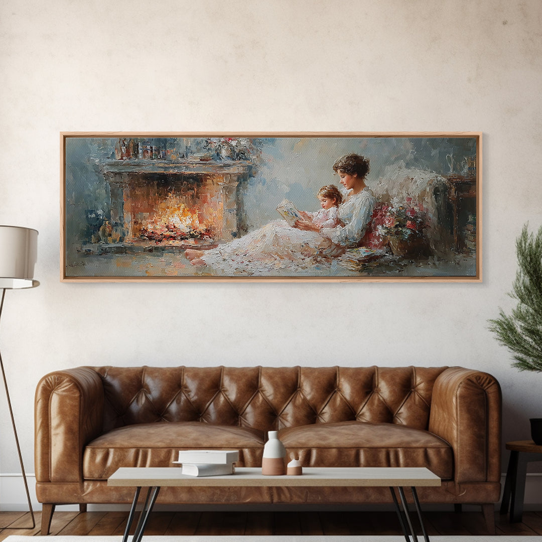 Mother Reading By Fireplace With Child Canvas Print, Cozy Bedroom Wall Art, Impressionist Living Room Decor, Gift For Mom