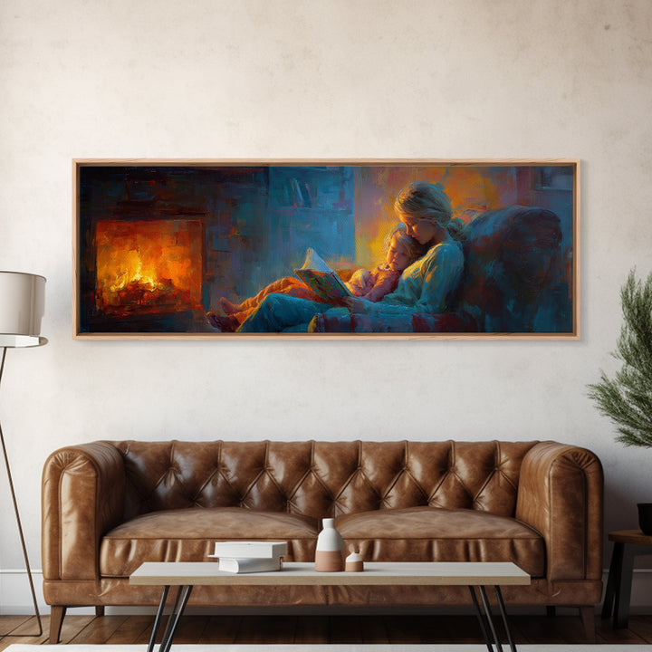 Cozy Mother And Child Reading By Firelight Wall Art, Moody Impressionist Canvas Print, Dark Academia Living Room Decor Gift