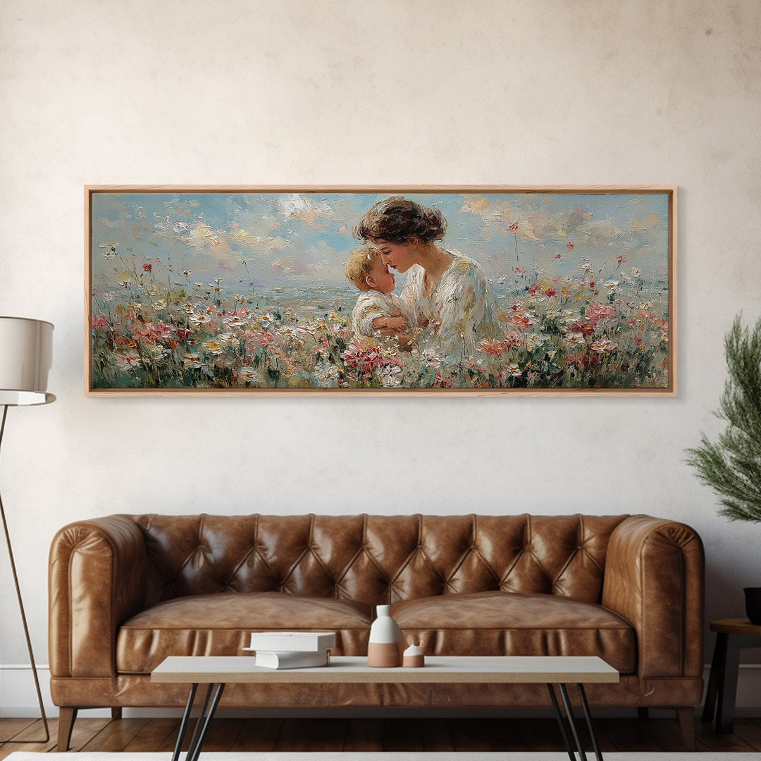 Mother Kissing Baby In Wildflower Meadow Framed Canvas Print, Feminine Floral Wall Art, Soft Nursery Decor, Gift For Her