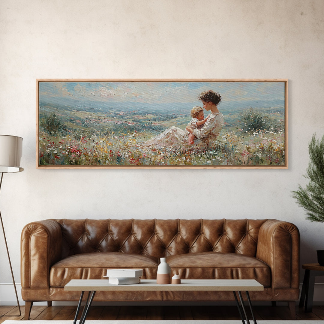 Mother Holding Baby In Sunlit Meadow Canvas Print, Panoramic Landscape Wall Art, Floral Nursery Decor, Housewarming Gift