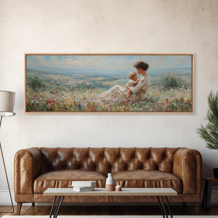 Mother Holding Baby In Sunlit Meadow Canvas Print, Panoramic Landscape Wall Art, Floral Nursery Decor, Housewarming Gift