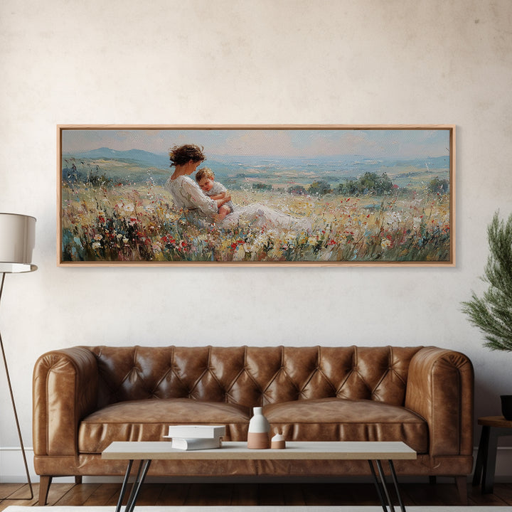 Mother And Baby Resting In Wildflowers Wall Art, Impressionist Landscape Canvas Print, Feminine Nursery Decor, Gift For Mom