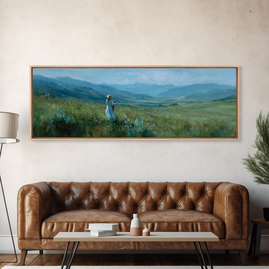 Mother And Child Over Mountain Valley Framed Canvas Print, Panoramic Landscape Wall Art, Blue Green Nature Decor Gift For Her