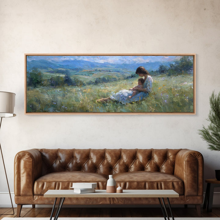 Mother And Child In Blue Mountain Meadow Canvas Print, Impressionist Landscape Wall Art, Peaceful Bedroom Decor, Gift For Her