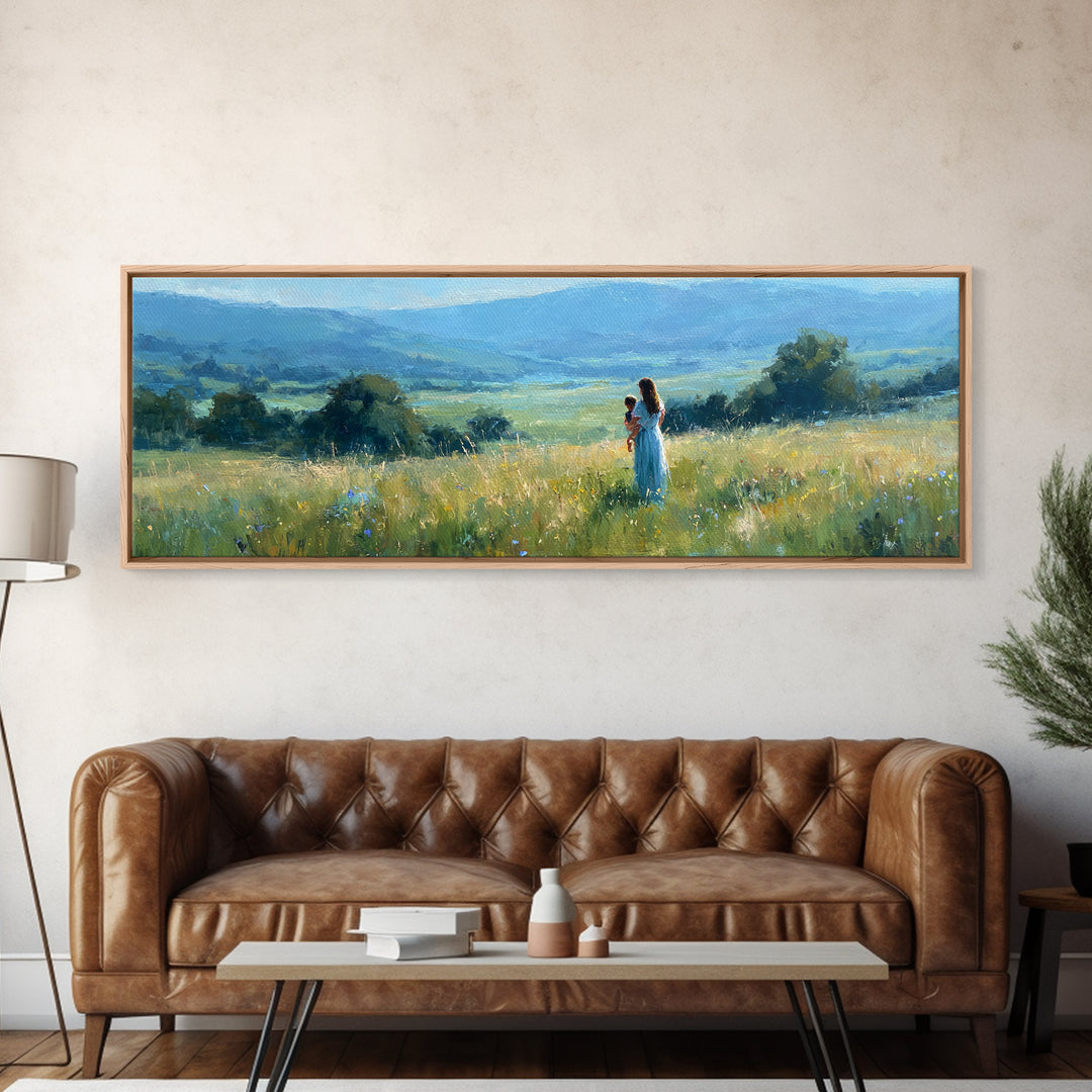 Mother Holding Child In Golden Meadow Wall Art, Panoramic Blue Mountain Canvas Print, Nature Nursery Decor, Housewarming Gift