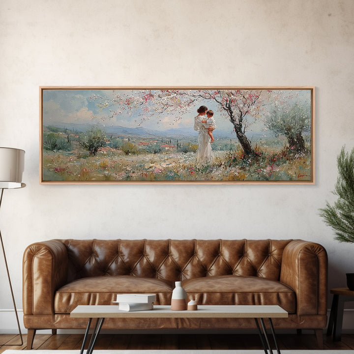 Mother And Baby Under Blossoming Tree Framed Canvas Print, Impressionist Spring Landscape Wall Decor, Nursery Art Gift For Her