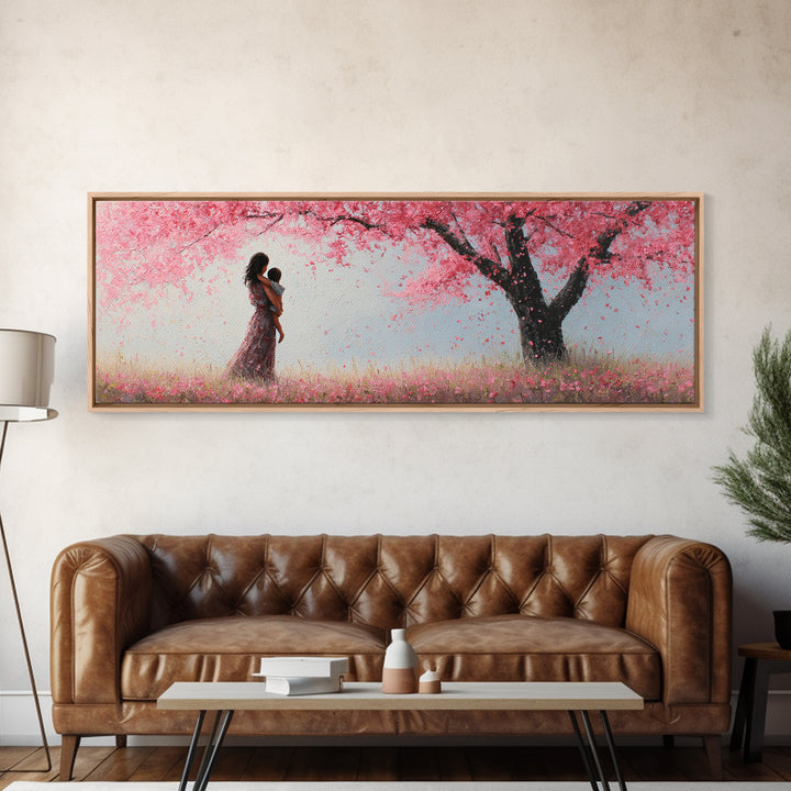 Mother And Infant Beneath Pink Cherry Blossoms Wall Art, Romantic Spring Nursery Decor, Feminine Canvas Art Gift For Her