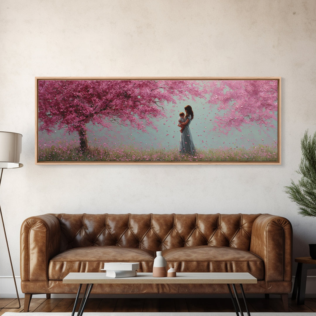 Mother Holding Baby In Pink Blossom Grove Framed Canvas Print, Pastel Nursery Wall Art, Cherry Blossom Home Decor Gift For Mom