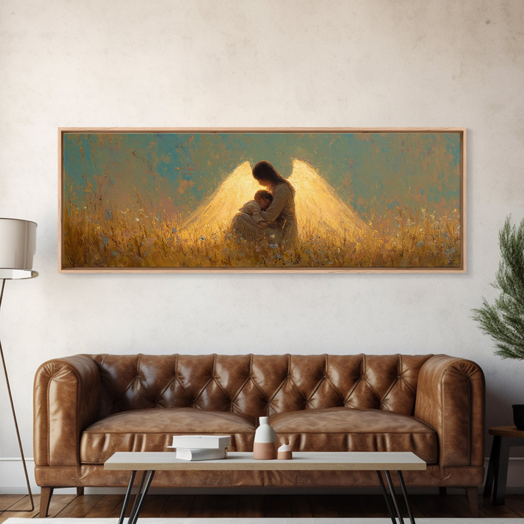 Golden Guardian Angel Embracing Child Canvas Print, Spiritual Wall Art, Christian Nursery Home Decor, Sympathy Gift For Mom