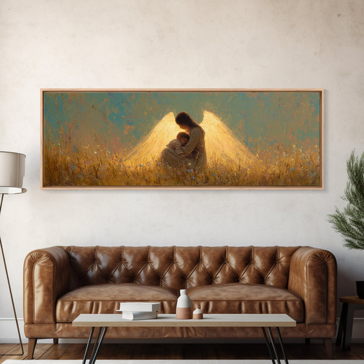Golden Guardian Angel Embracing Child Canvas Print, Spiritual Wall Art, Christian Nursery Home Decor, Sympathy Gift For Mom