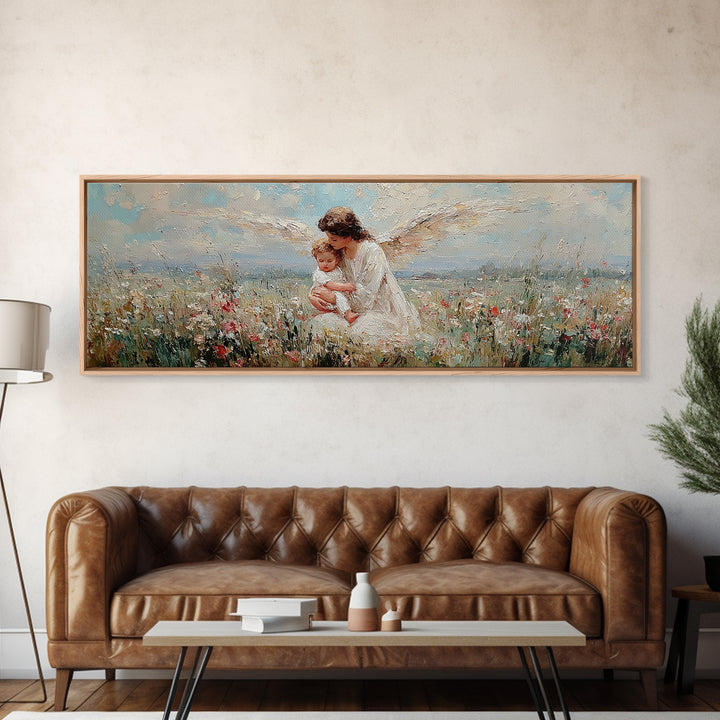 White Winged Angel Holding Baby In Meadow Canvas Print, Christian Wall Art, Spiritual Nursery Decor, Guardian Angel Gift