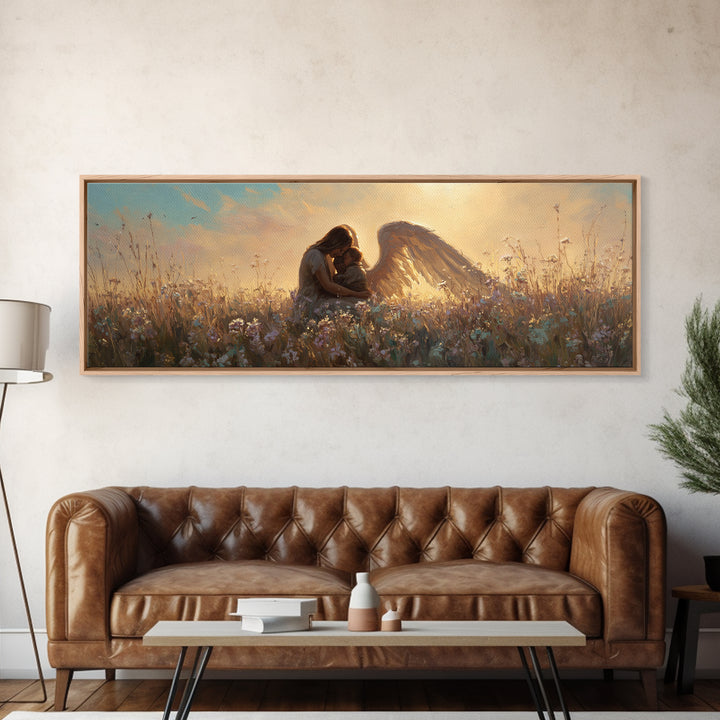 Sunset Guardian Angel Cuddling Child Wall Art, Golden Wildflower Meadow Canvas Print, Christian Nursery Decor Gift For Mom
