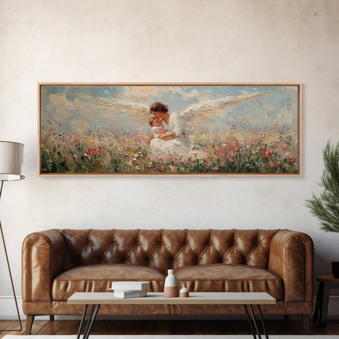 Curly Haired Angel Holding Baby In Flowers Canvas Print, Christian Wall Art, Spiritual Nursery Decor, Baptism Gift For Baby