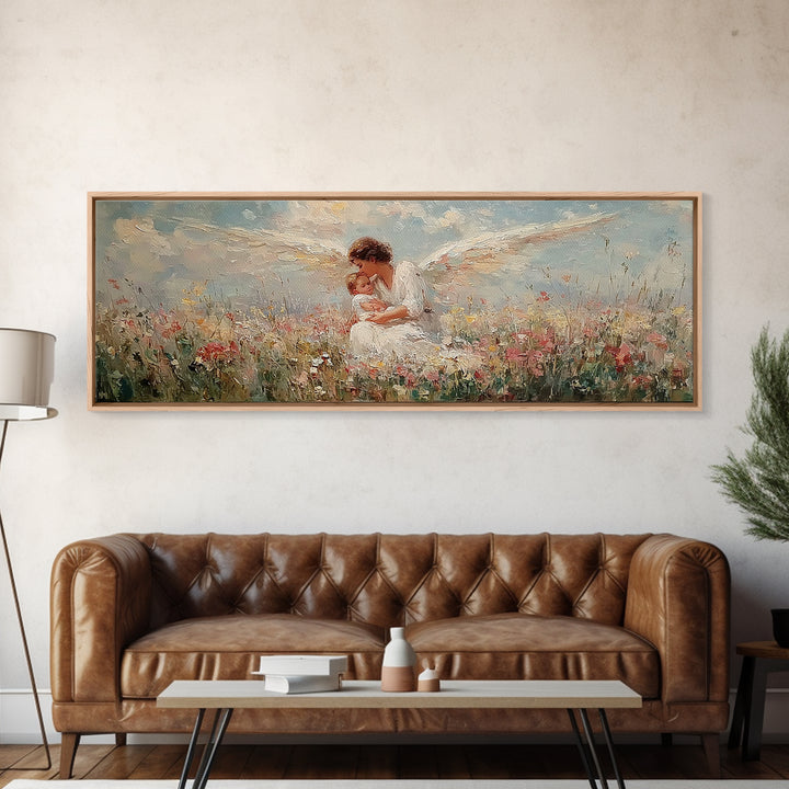 Curly Haired Angel Holding Baby In Flowers Canvas Print, Christian Wall Art, Spiritual Nursery Decor, Baptism Gift For Baby