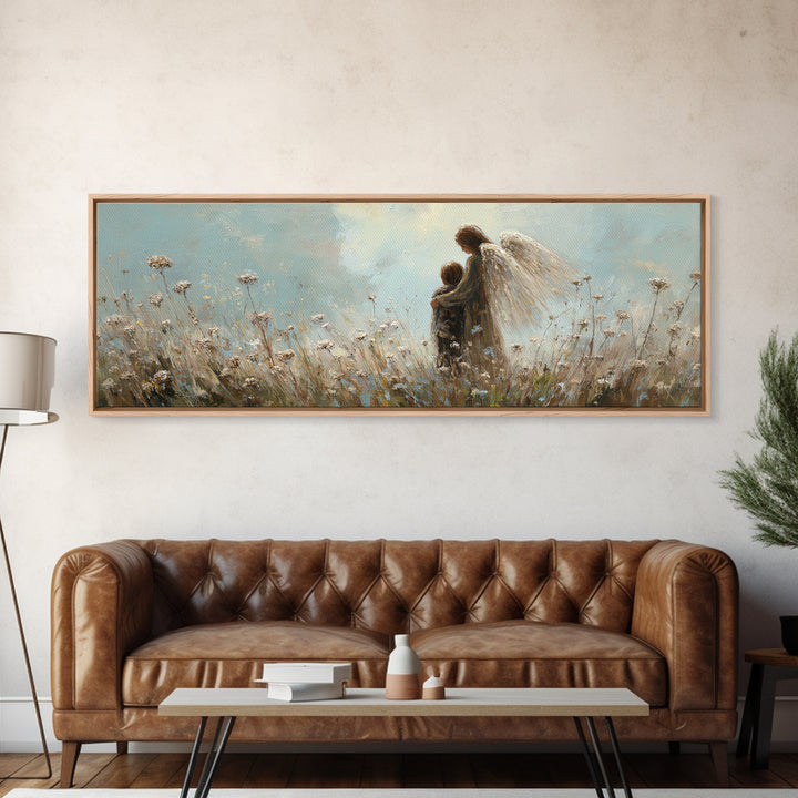 Guardian Angel Walking With Child In Meadow Wall Art, Soft Blue Wildflower Canvas Print, Christian Nursery Decor Gift For Mom