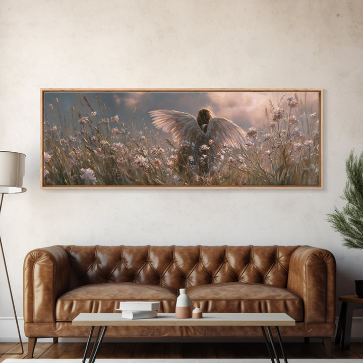 Angel In Wildflower Meadow Wall Art, Spiritual Nursery Decor, Ethereal Landscape Print, Christian Gift, Above Bed Art, Calming Decor