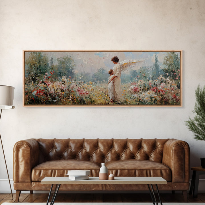 Guardian Angel With Child Framed Canvas Print, Spiritual Wall Art, Nursery Decor, Christian Gift, Wildflower Landscape Art