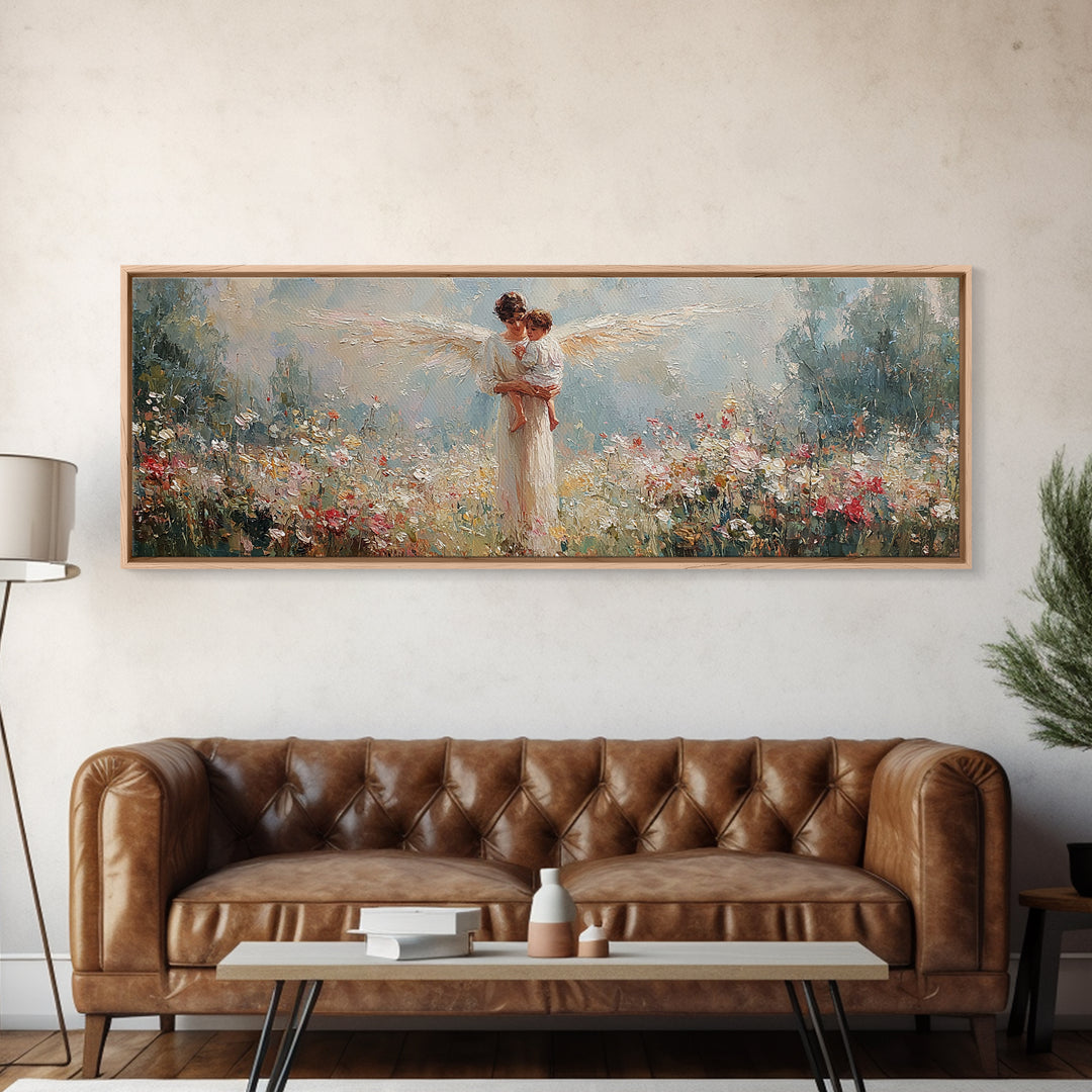 Angel Mother Holding Child Canvas Print, Christian Wall Art, Nursery Decor, Ethereal Meadow Painting, Gift For Her, Housewarming Gift