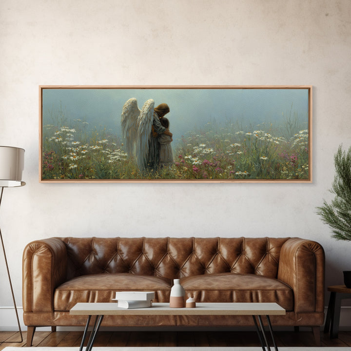 Angel And Little Girl Meadow Wall Art, Christian Nursery Decor, Spiritual Canvas Art, Wildflower Landscape, Calming Gift