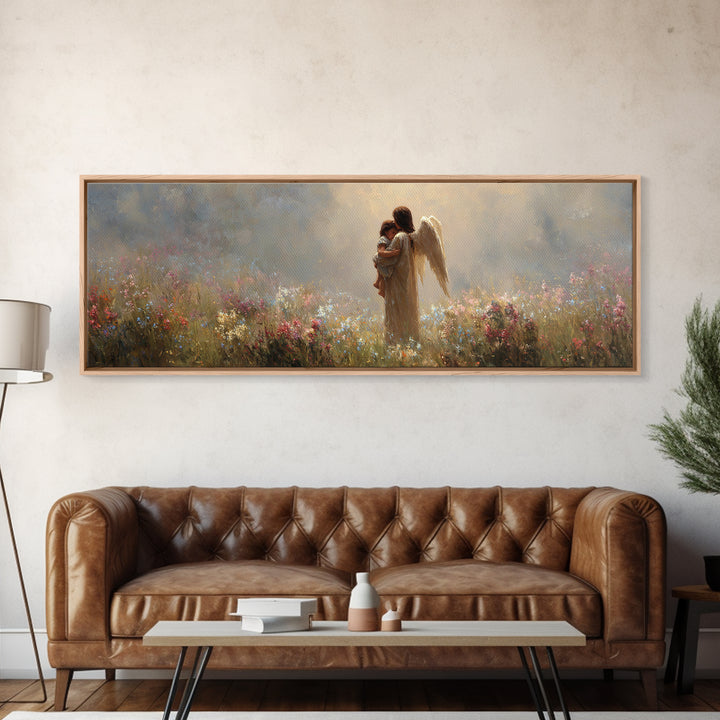 Angel Mother And Baby Framed Canvas Print, Christian Wall Art, Nursery Decor, Wildflower Meadow, Spiritual Art Gift For Her