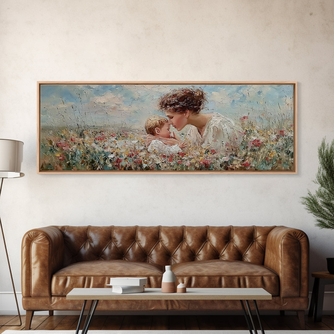 Angel Mother Kissing Baby Framed Canvas Print, Christian Nursery Wall Art, Wildflower Meadow Decor, Gift For Mom, Spiritual Art