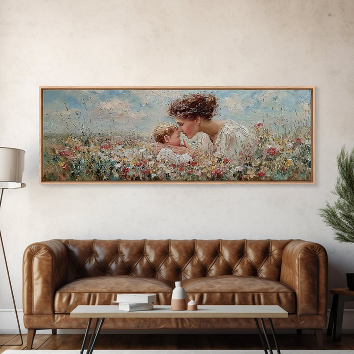 Angel Mother Kissing Baby Framed Canvas Print, Christian Nursery Wall Art, Wildflower Meadow Decor, Gift For Mom, Spiritual Art