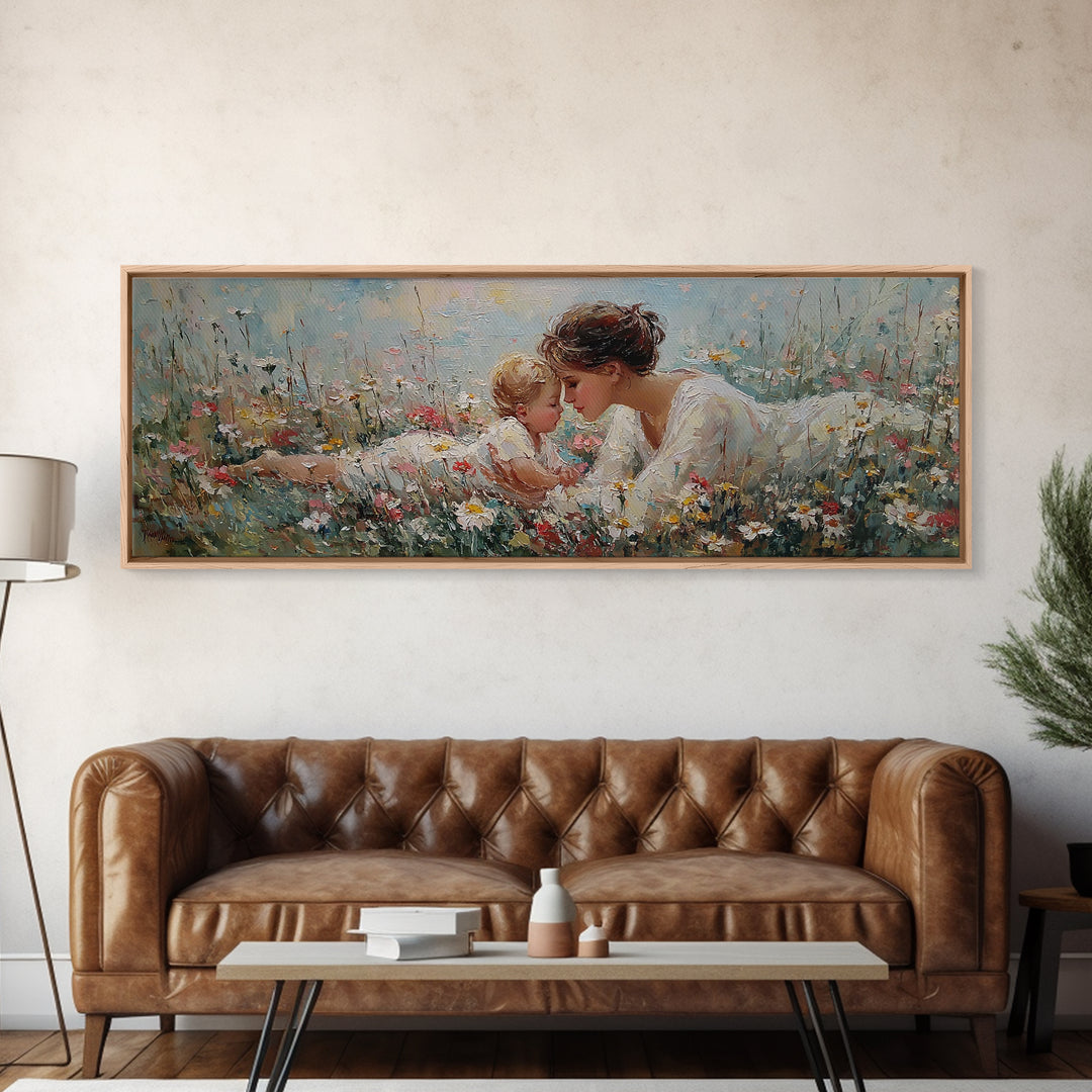 Mother And Baby In Wildflowers Canvas Print, Tender Nursery Wall Art, Christian Decor, Floral Meadow, Gift For Her, Home Decor