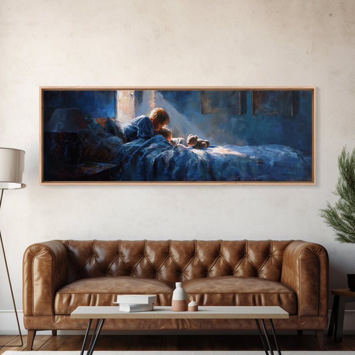 Mother Reading To Child In Blue Bedroom Wall Art, Moody Impressionist Bedtime Print, Cozy Nursery Decor, Above Bed Gift For Mom