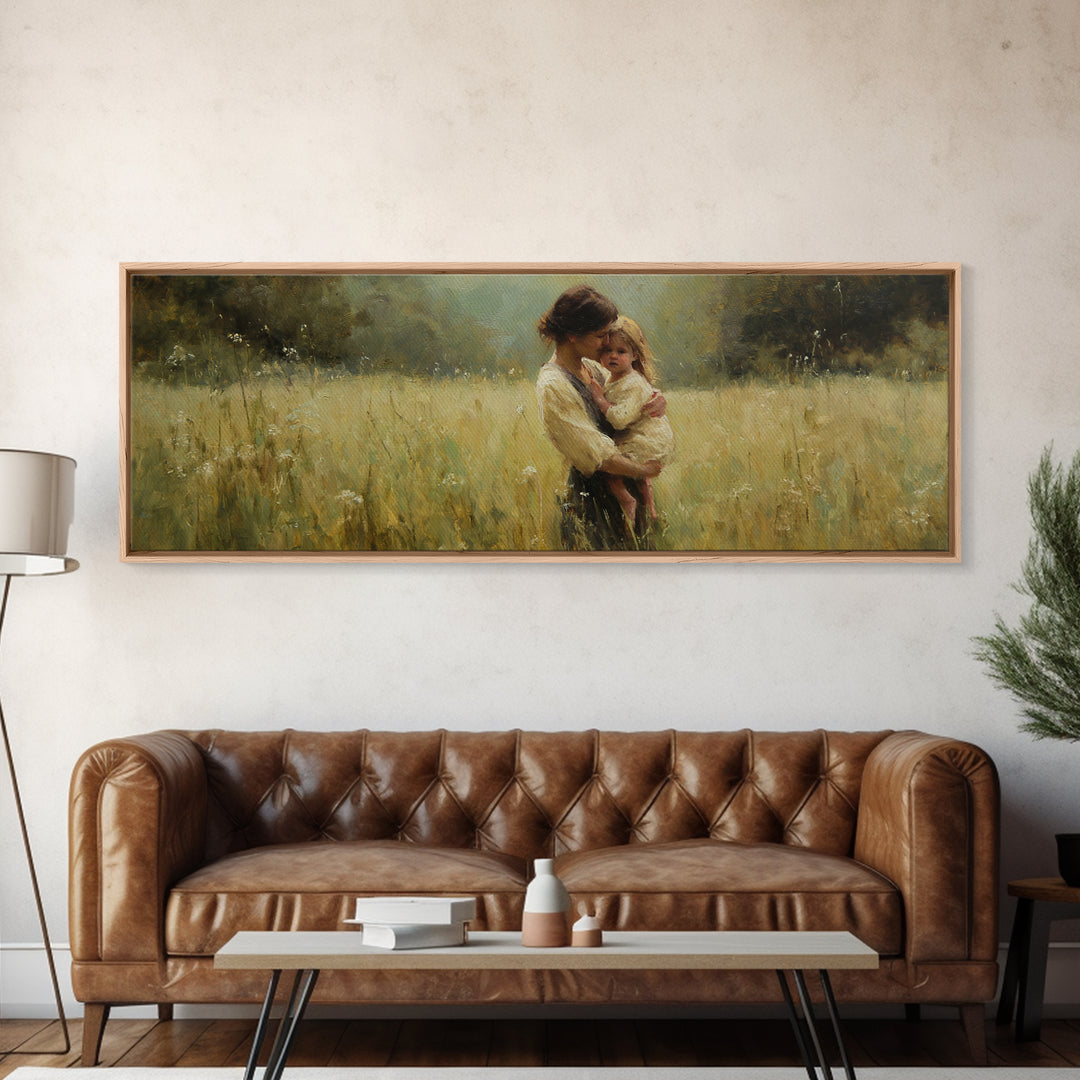 Mother Holding Toddler In Golden Field Framed Canvas Print, Impressionist Landscape Wall Art, Rustic Farmhouse Nursery Decor