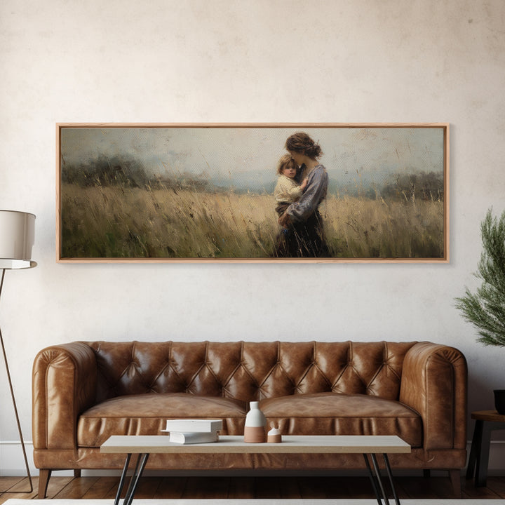 Tender Mother And Child In Wheat Field Canvas Print, Moody Impressionist Wall Art, Neutral Nursery Decor, Gift For Mom, Living Room Art