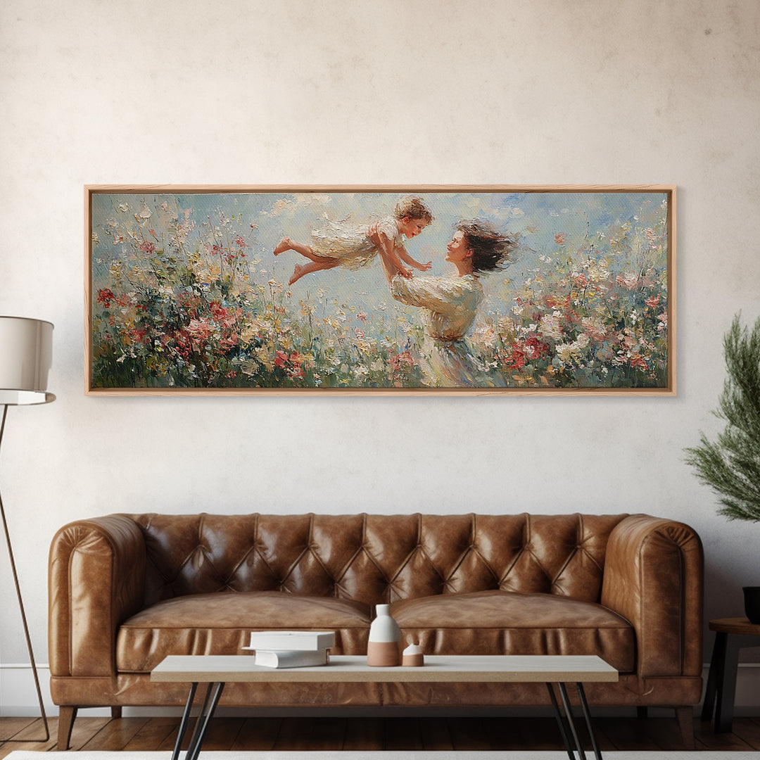 Mother Lifting Child Over Blooming Meadow Framed Canvas Print, Impressionist Floral Wall Art, Nursery Decor Gift For Mom