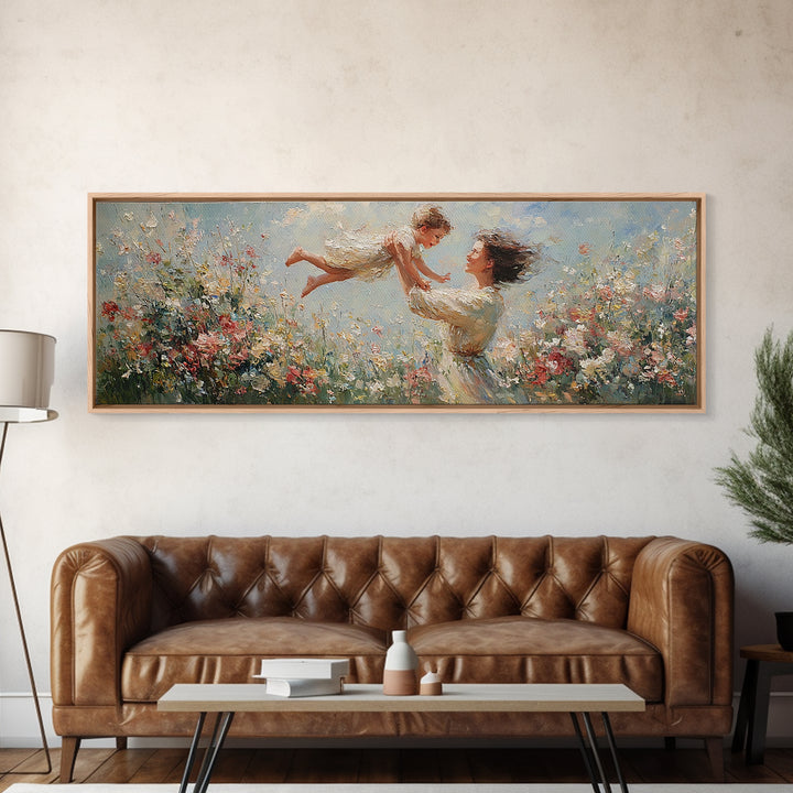 Mother Lifting Child Over Blooming Meadow Framed Canvas Print, Impressionist Floral Wall Art, Nursery Decor Gift For Mom