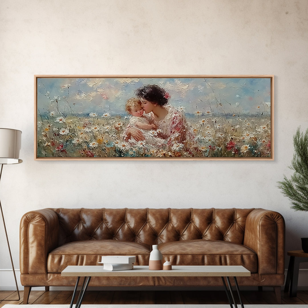 Tender Mother And Child Embrace In Daisy Field Framed Canvas Print, Floral Wall Art, Feminine Nursery Decor Gift For Her