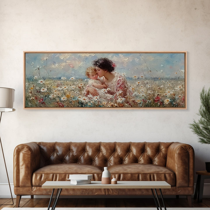 Tender Mother And Child Embrace In Daisy Field Framed Canvas Print, Floral Wall Art, Feminine Nursery Decor Gift For Her