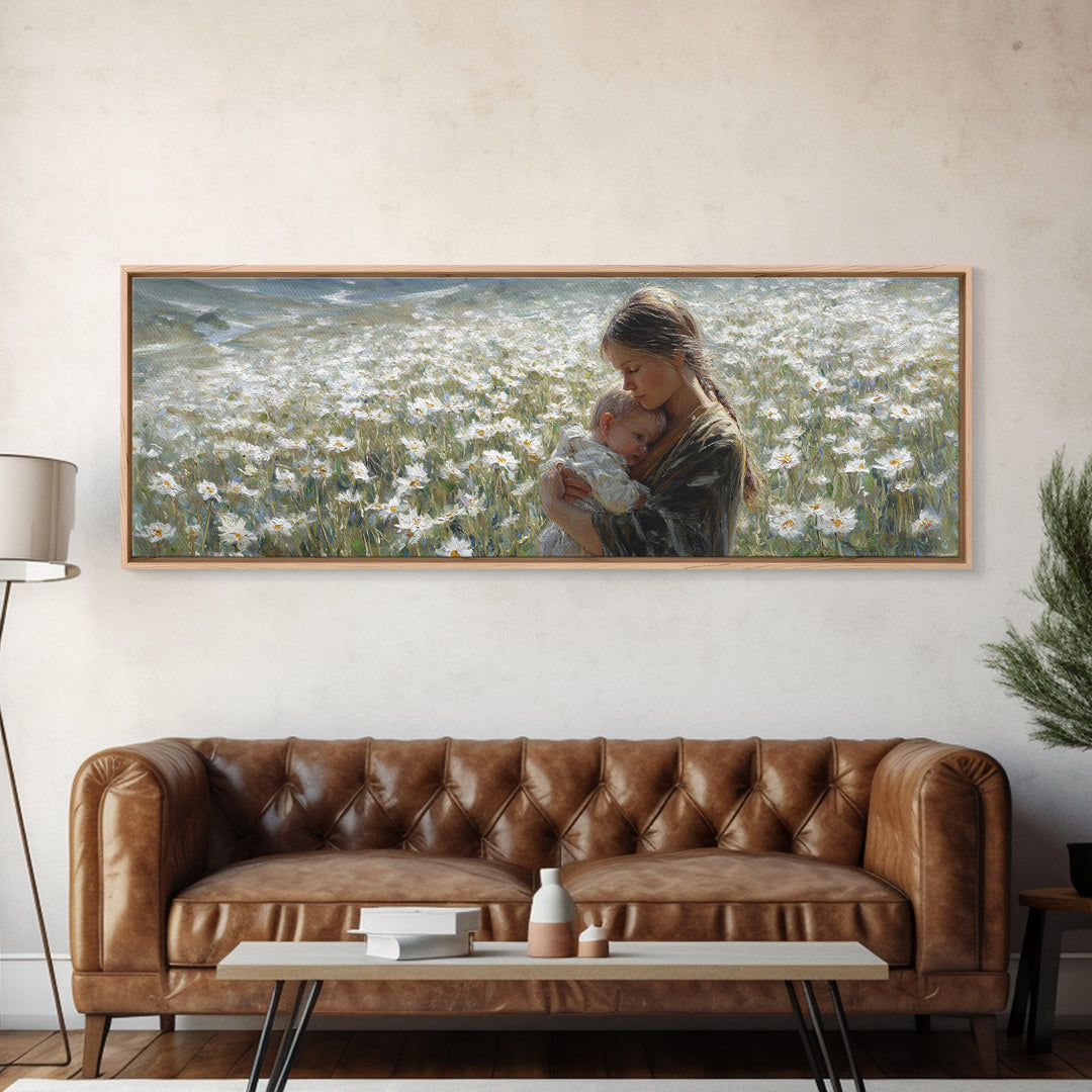 Peaceful Mother Cradling Baby In White Daisy Meadow Canvas Print, Nature Wall Art, Feminine Nursery Decor Gift For New Mom